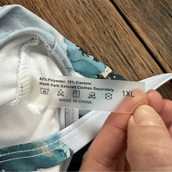 Two Piece Swimsuit Tankini Size 1X 1XL Marble Print White Green Gold - Picture 8 of 14